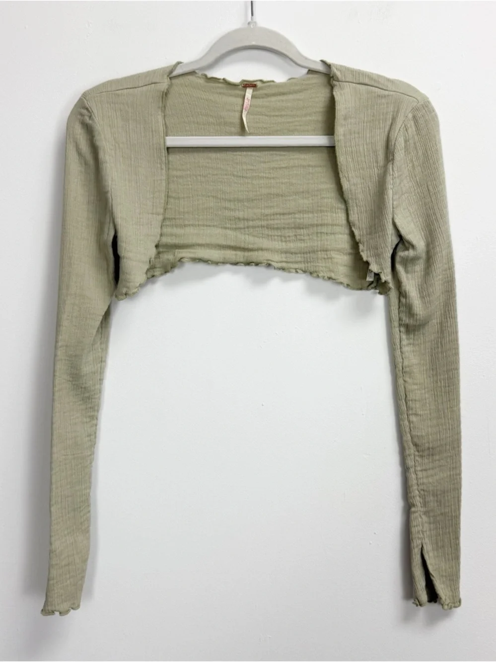 Free People Cropped Bolero Womens XS Green Long Sleeve Lettuce Hem Stretch
